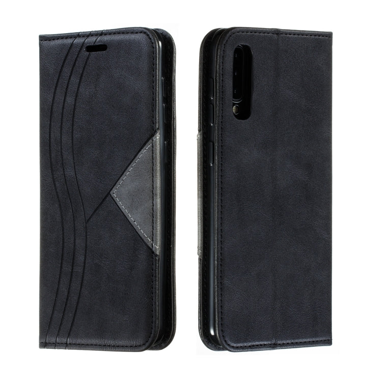 For Galaxy A50 Splicing Color Magnetic Hem Horizontal Flip Leather Case with Holder & Card Slots