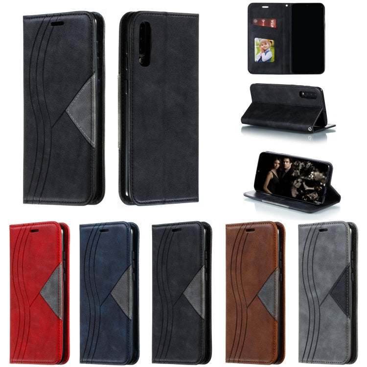For Galaxy A50 Splicing Color Magnetic Hem Horizontal Flip Leather Case with Holder & Card Slots