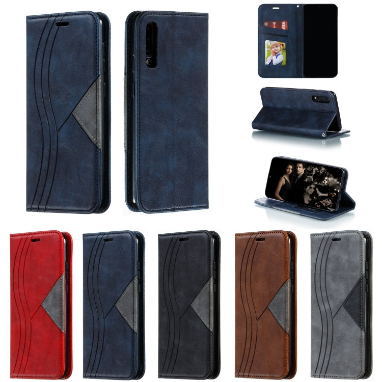 For Galaxy A50 Splicing Color Magnetic Hem Horizontal Flip Leather Case with Holder & Card Slots