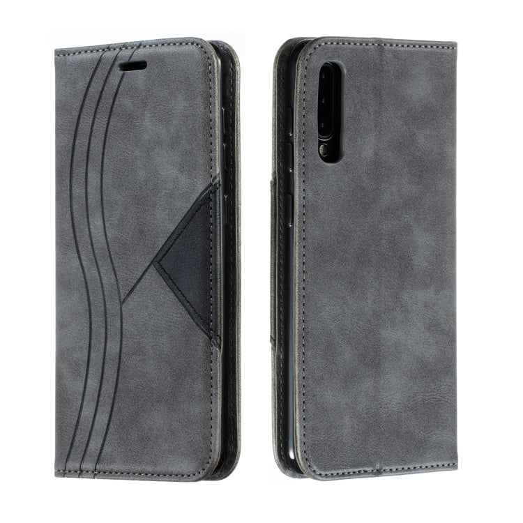 For Galaxy A50 Splicing Color Magnetic Hem Horizontal Flip Leather Case with Holder & Card Slots