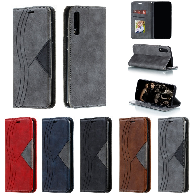 For Galaxy A50 Splicing Color Magnetic Hem Horizontal Flip Leather Case with Holder & Card Slots