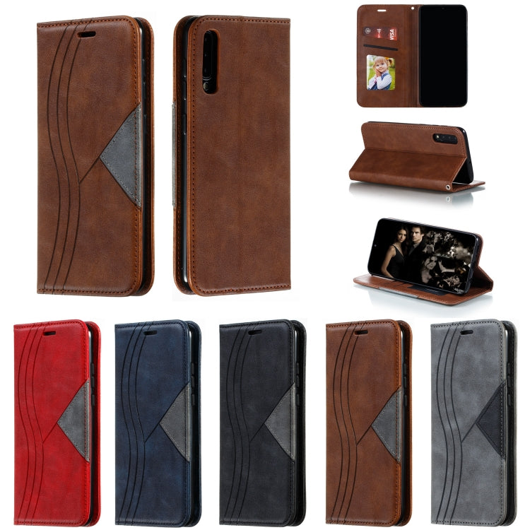 For Galaxy A50 Splicing Color Magnetic Hem Horizontal Flip Leather Case with Holder & Card Slots