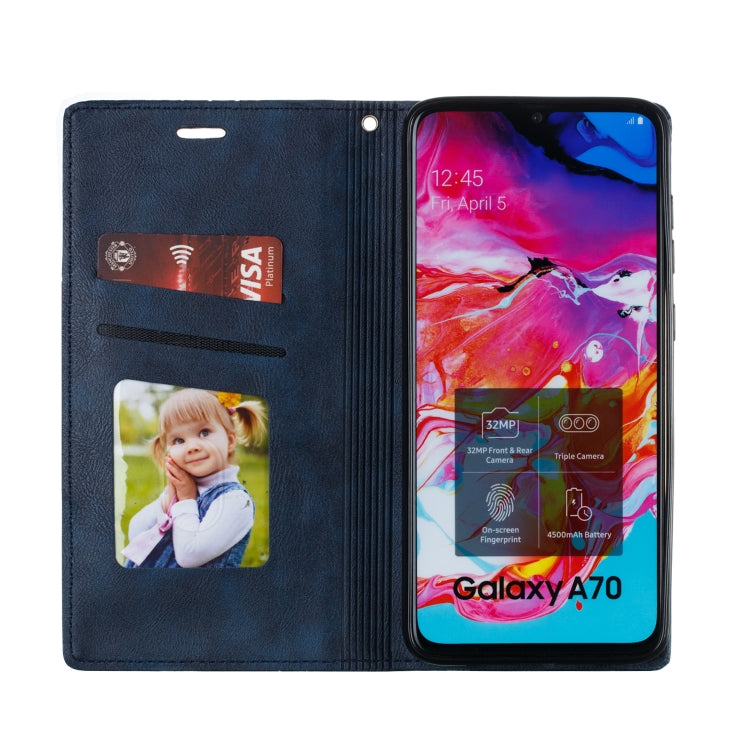 For Galaxy A70 Splicing Color Magnetic Hem Horizontal Flip Leather Case with Holder & Card Slots