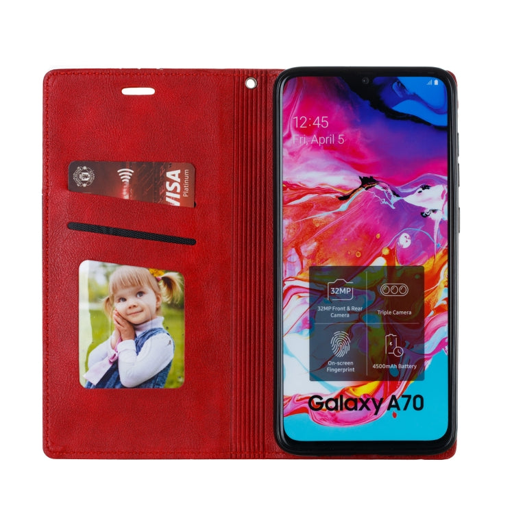 For Galaxy A70 Splicing Color Magnetic Hem Horizontal Flip Leather Case with Holder & Card Slots