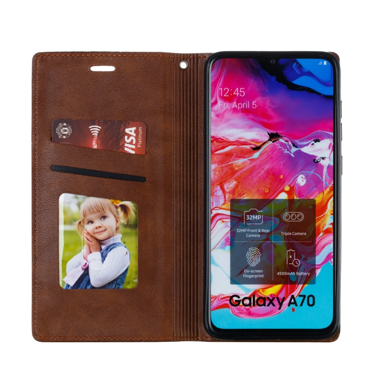 For Galaxy A70 Splicing Color Magnetic Hem Horizontal Flip Leather Case with Holder & Card Slots