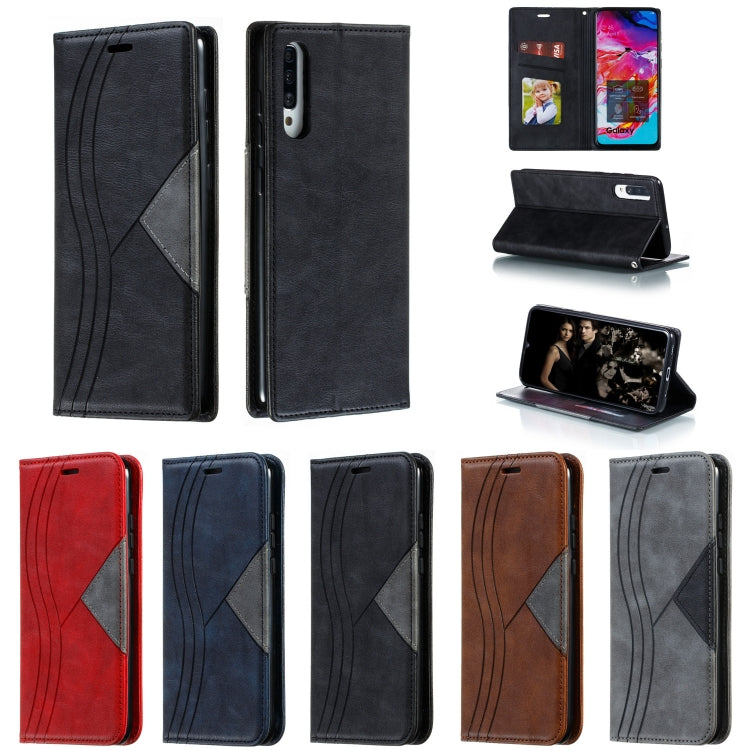For Galaxy A70s Splicing Color Magnetic Hem Horizontal Flip Leather Case with Holder & Card Slots