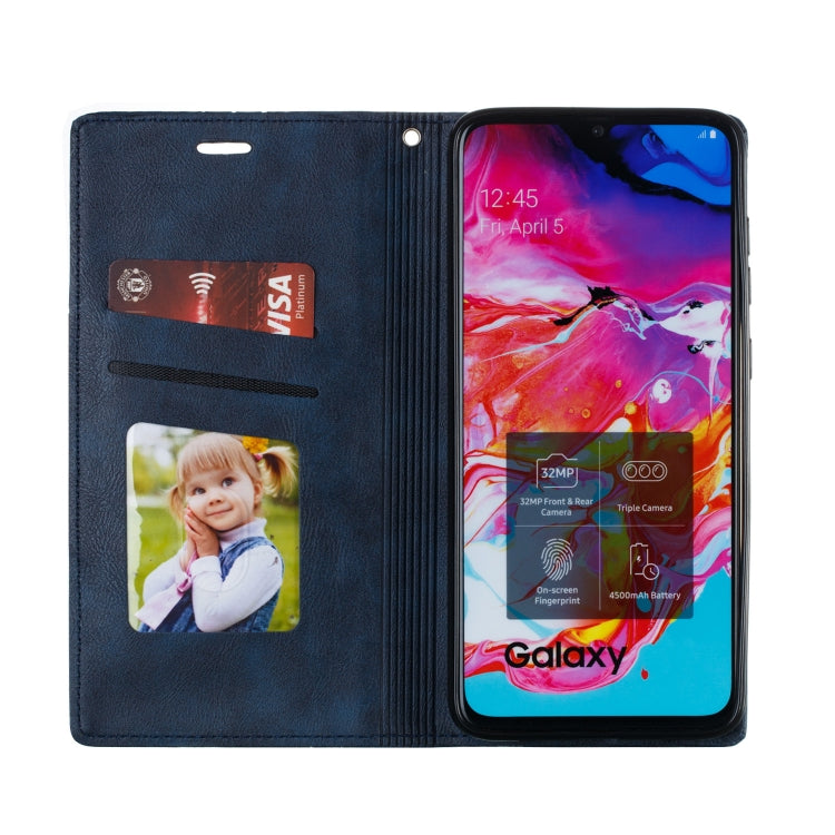 For Galaxy A70s Splicing Color Magnetic Hem Horizontal Flip Leather Case with Holder & Card Slots