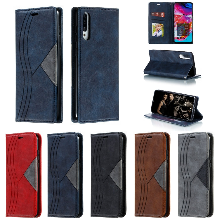 For Galaxy A70s Splicing Color Magnetic Hem Horizontal Flip Leather Case with Holder & Card Slots