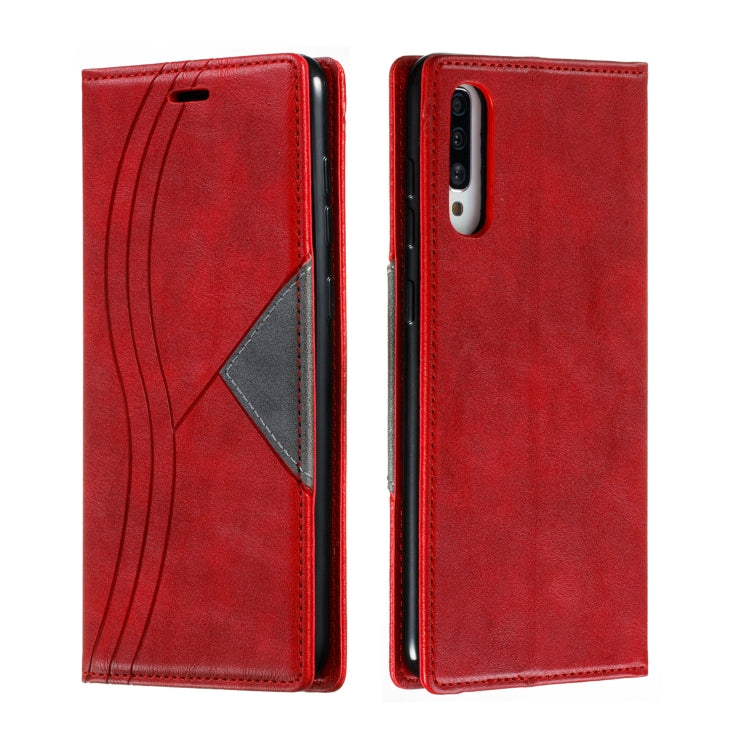 For Galaxy A70s Splicing Color Magnetic Hem Horizontal Flip Leather Case with Holder & Card Slots