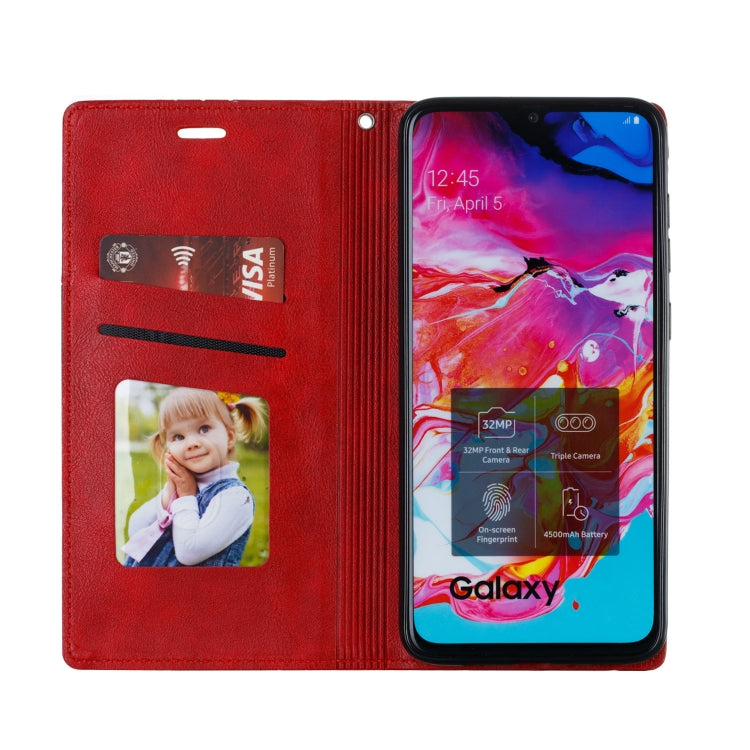 For Galaxy A70s Splicing Color Magnetic Hem Horizontal Flip Leather Case with Holder & Card Slots