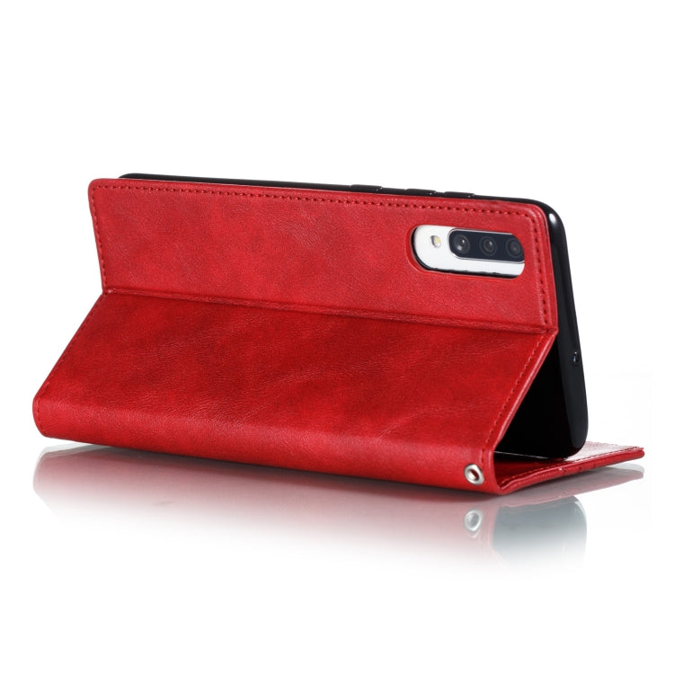 For Galaxy A70s Splicing Color Magnetic Hem Horizontal Flip Leather Case with Holder & Card Slots