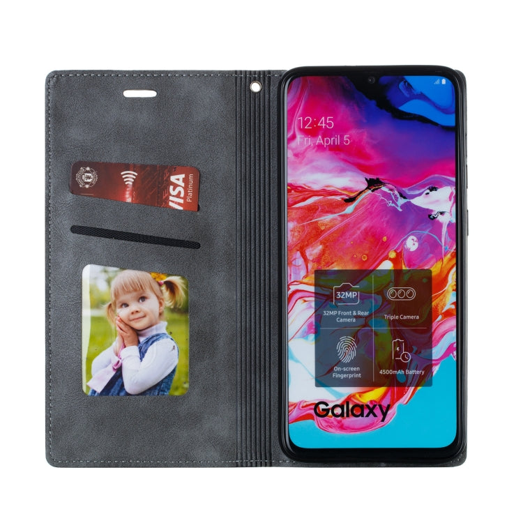 For Galaxy A70s Splicing Color Magnetic Hem Horizontal Flip Leather Case with Holder & Card Slots