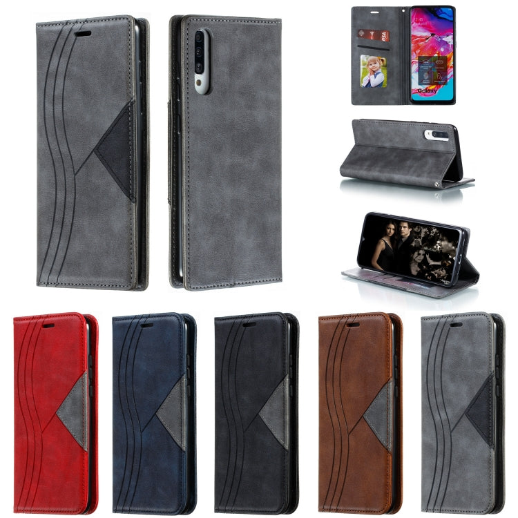 For Galaxy A70s Splicing Color Magnetic Hem Horizontal Flip Leather Case with Holder & Card Slots
