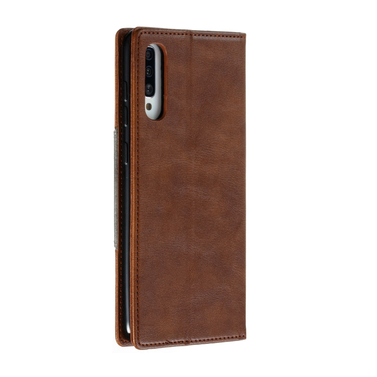 For Galaxy A70s Splicing Color Magnetic Hem Horizontal Flip Leather Case with Holder & Card Slots