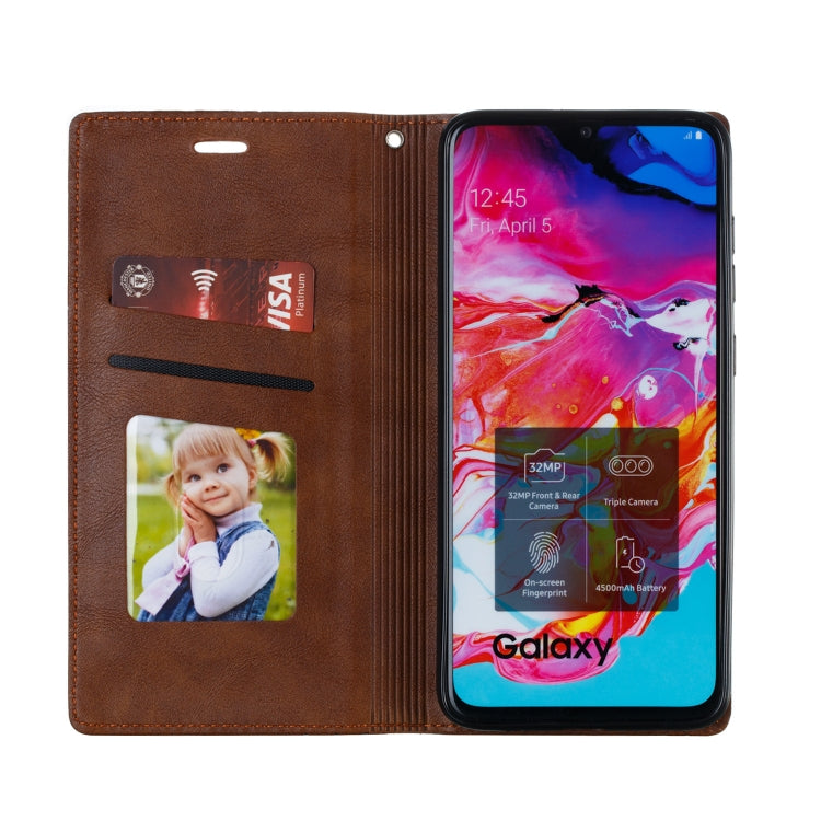 For Galaxy A70s Splicing Color Magnetic Hem Horizontal Flip Leather Case with Holder & Card Slots