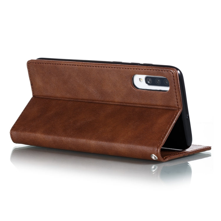 For Galaxy A70s Splicing Color Magnetic Hem Horizontal Flip Leather Case with Holder & Card Slots