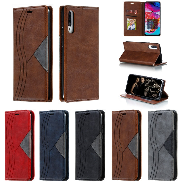 For Galaxy A70s Splicing Color Magnetic Hem Horizontal Flip Leather Case with Holder & Card Slots