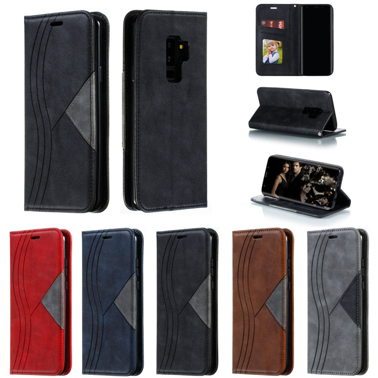 For Galaxy S9 Plus Splicing Color Magnetic Hem Horizontal Flip Leather Case with Holder & Card Slots