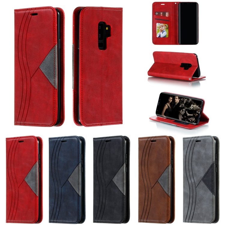 For Galaxy S9 Plus Splicing Color Magnetic Hem Horizontal Flip Leather Case with Holder & Card Slots