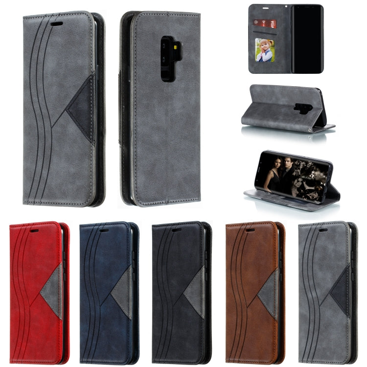 For Galaxy S9 Plus Splicing Color Magnetic Hem Horizontal Flip Leather Case with Holder & Card Slots