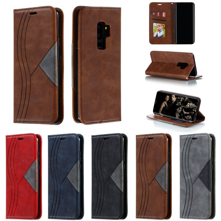 For Galaxy S9 Plus Splicing Color Magnetic Hem Horizontal Flip Leather Case with Holder & Card Slots