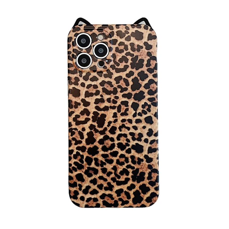 For iPhone 13 Cat Ear Leopard Print TPU Straight Edge Phone Case with Lanyard