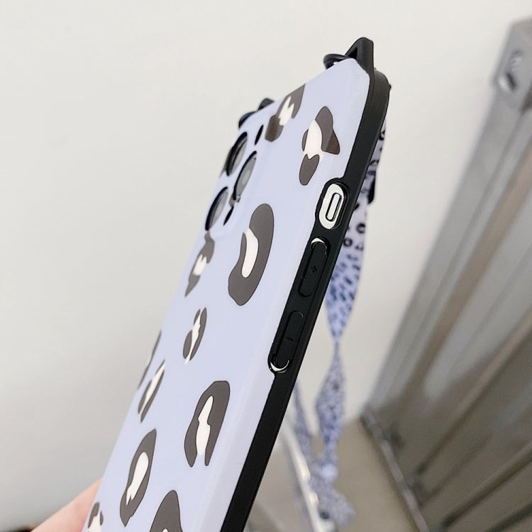 For iPhone 13 Cat Ear Leopard Print TPU Straight Edge Phone Case with Lanyard