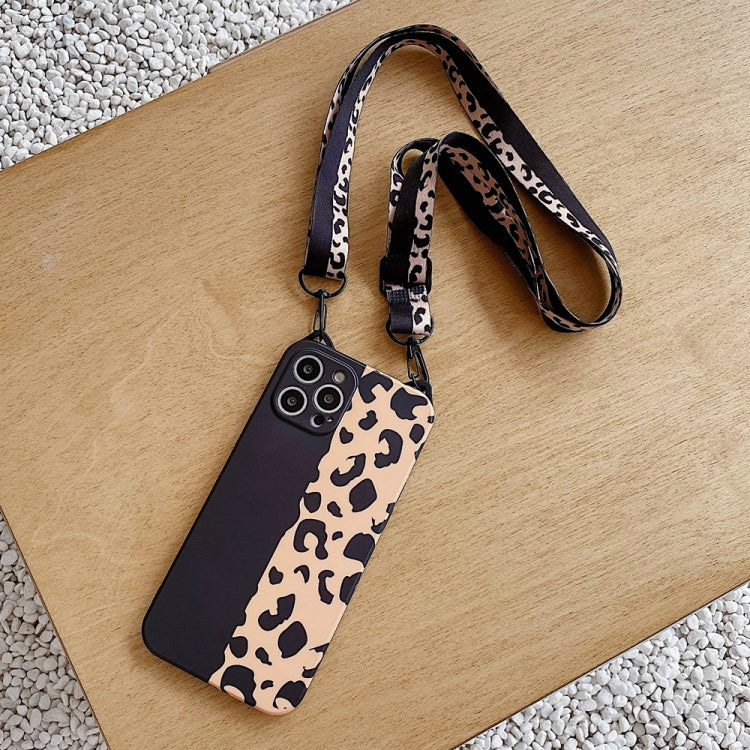 For iPhone 13 Pro Max Cat Ear Leopard Print TPU Straight Edge Phone Case with Lanyard