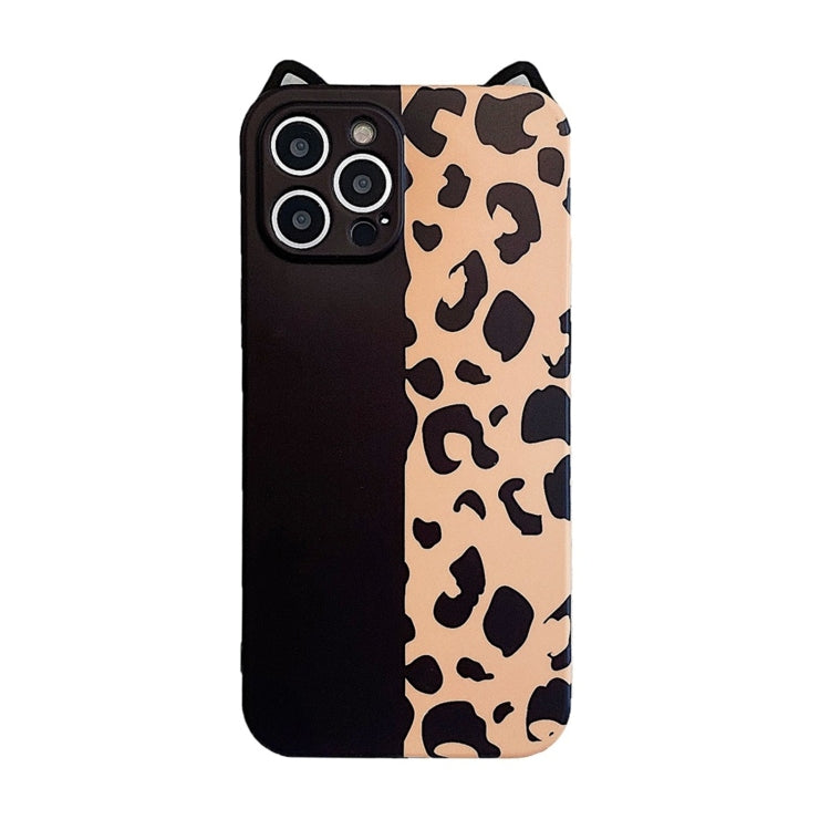 For iPhone 13 Pro Max Cat Ear Leopard Print TPU Straight Edge Phone Case with Lanyard