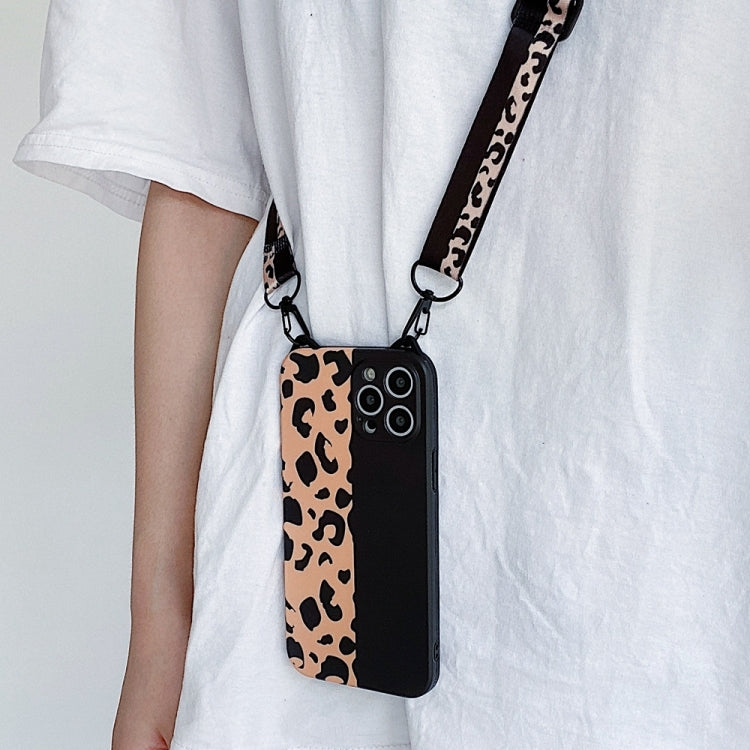 For iPhone 13 Pro Max Cat Ear Leopard Print TPU Straight Edge Phone Case with Lanyard
