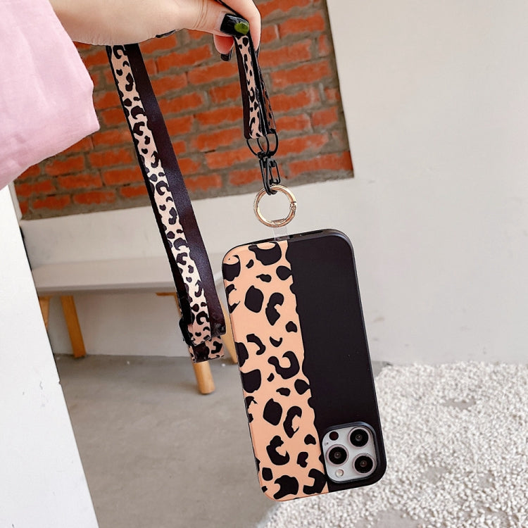 For iPhone 12 / 12 Pro Leopard Print TPU Straight Edge Phone Case with Lanyard