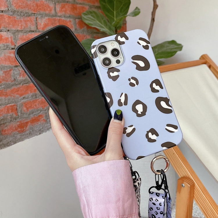 For iPhone 12 / 12 Pro Leopard Print TPU Straight Edge Phone Case with Lanyard