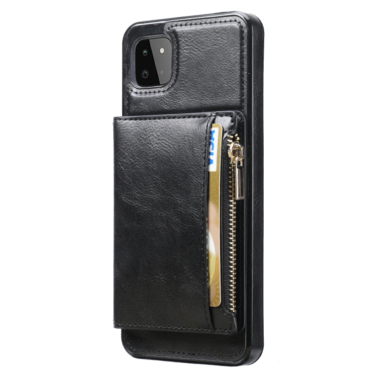 For Samsung Galaxy A22 Zipper Wallet Bag PU Back Cover Shockrpoof Phone Case with Holder & Card Slots & Wallet
