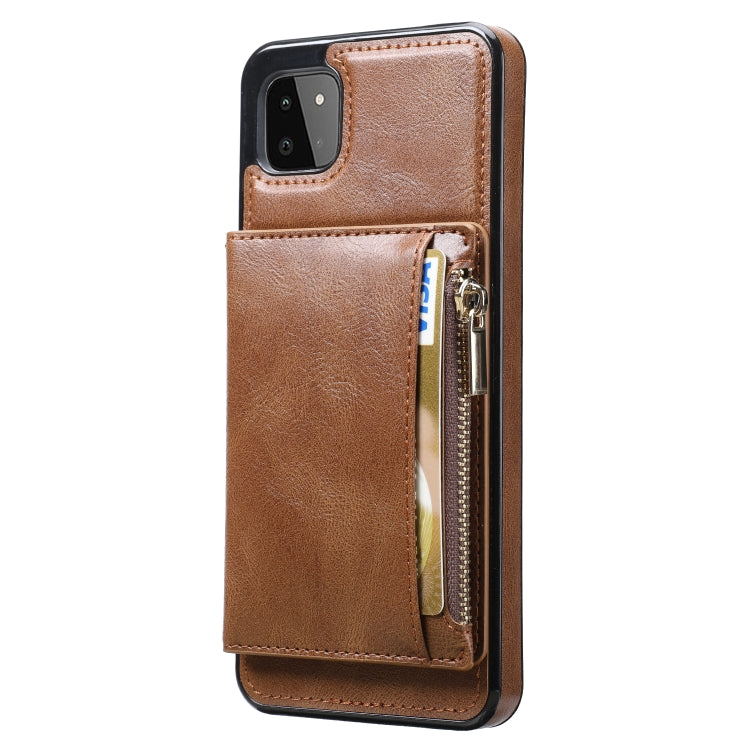For Samsung Galaxy A22 Zipper Wallet Bag PU Back Cover Shockrpoof Phone Case with Holder & Card Slots & Wallet