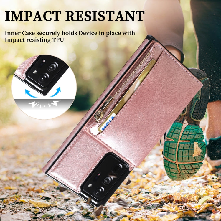 For Samsung Galaxy Note20 Ultra Zipper Wallet Bag PU Back Cover Shockrpoof Phone Case with Holder & Card Slots & Wallet