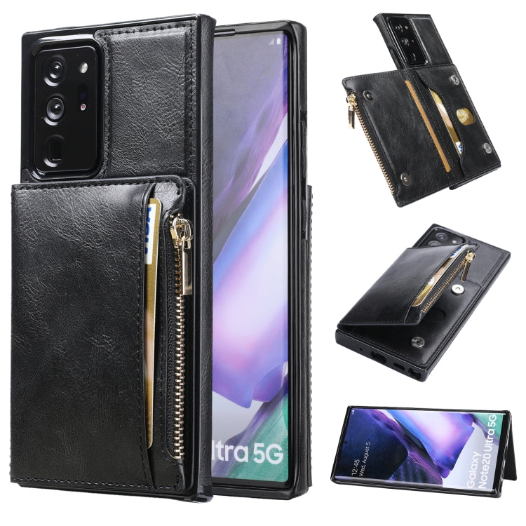 For Samsung Galaxy Note20 Ultra Zipper Wallet Bag PU Back Cover Shockrpoof Phone Case with Holder & Card Slots & Wallet