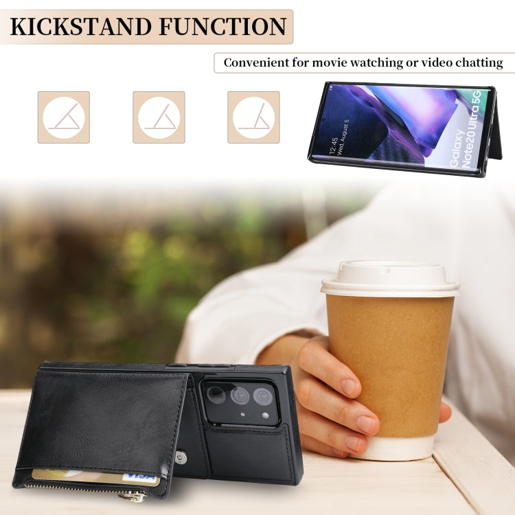 For Samsung Galaxy Note20 Ultra Zipper Wallet Bag PU Back Cover Shockrpoof Phone Case with Holder & Card Slots & Wallet
