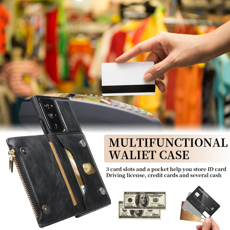 For Samsung Galaxy Note20 Ultra Zipper Wallet Bag PU Back Cover Shockrpoof Phone Case with Holder & Card Slots & Wallet