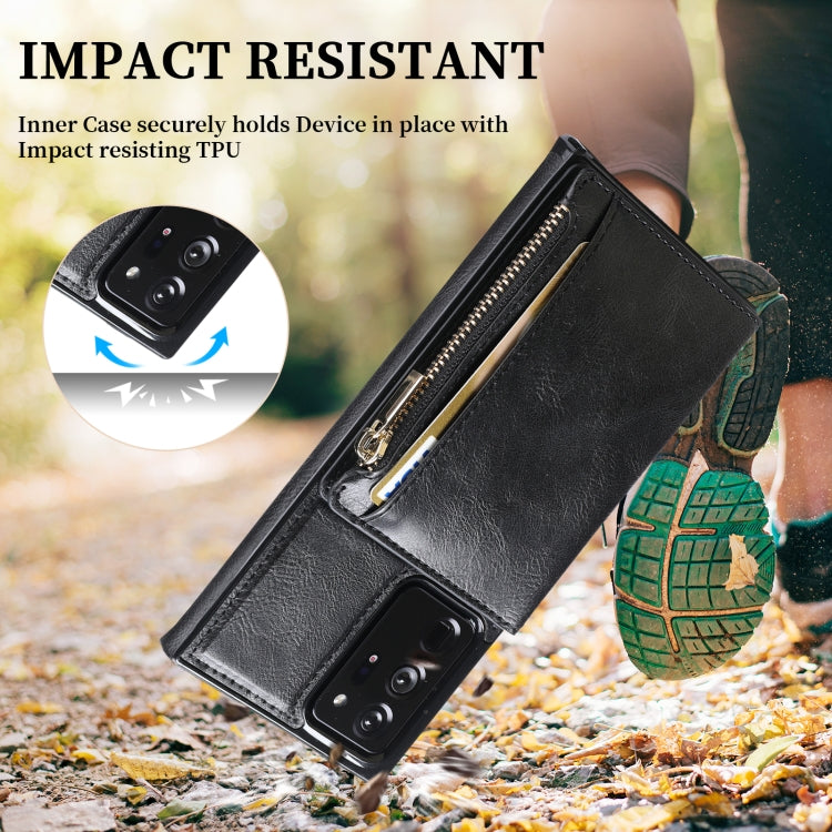 For Samsung Galaxy Note20 Ultra Zipper Wallet Bag PU Back Cover Shockrpoof Phone Case with Holder & Card Slots & Wallet