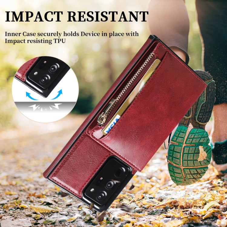 For Samsung Galaxy Note20 Ultra Zipper Wallet Bag PU Back Cover Shockrpoof Phone Case with Holder & Card Slots & Wallet