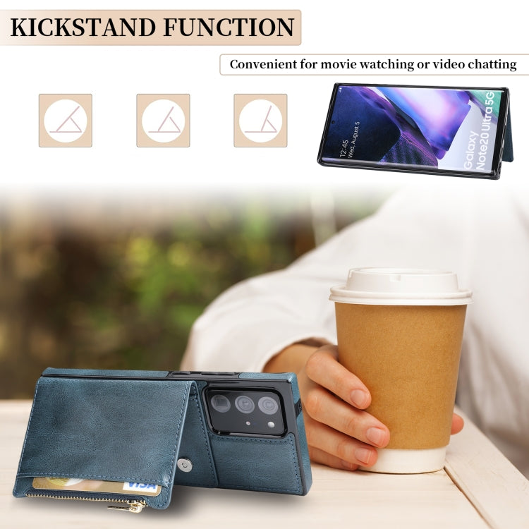 For Samsung Galaxy Note20 Ultra Zipper Wallet Bag PU Back Cover Shockrpoof Phone Case with Holder & Card Slots & Wallet