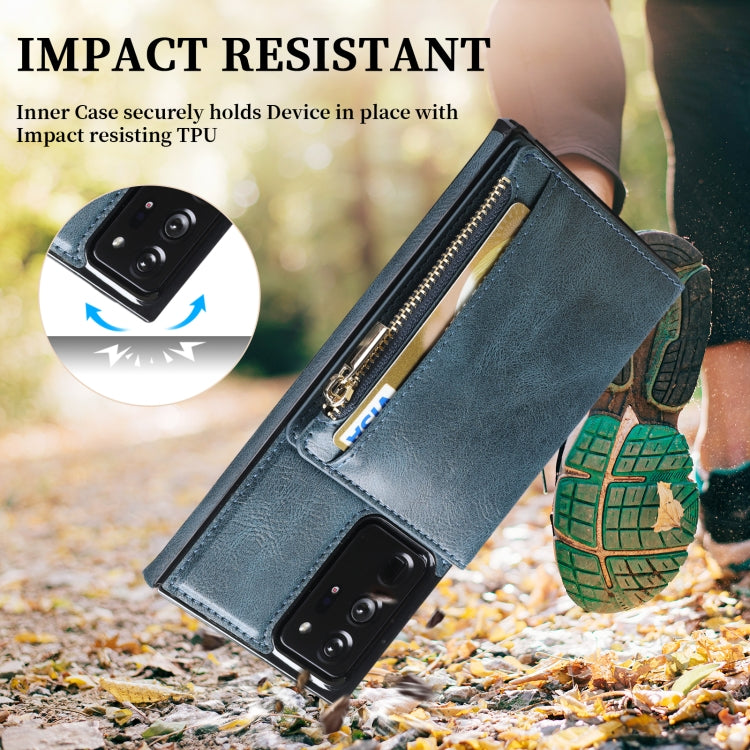 For Samsung Galaxy Note20 Ultra Zipper Wallet Bag PU Back Cover Shockrpoof Phone Case with Holder & Card Slots & Wallet