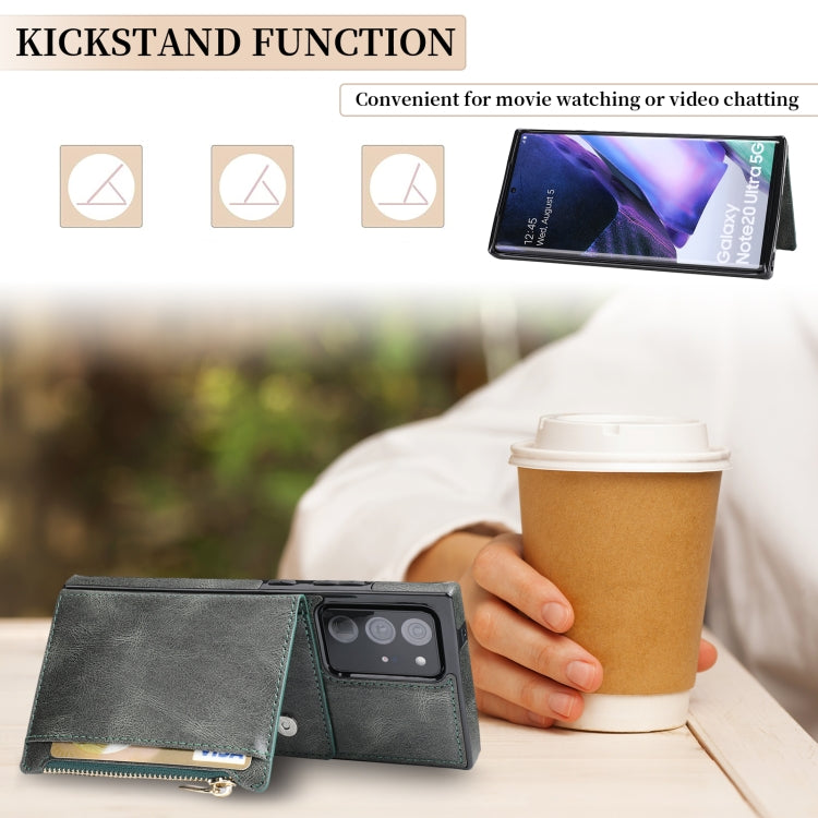 For Samsung Galaxy Note20 Ultra Zipper Wallet Bag PU Back Cover Shockrpoof Phone Case with Holder & Card Slots & Wallet