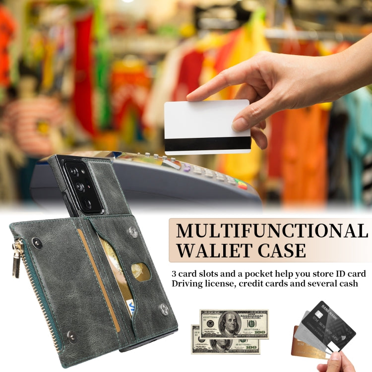 For Samsung Galaxy Note20 Ultra Zipper Wallet Bag PU Back Cover Shockrpoof Phone Case with Holder & Card Slots & Wallet