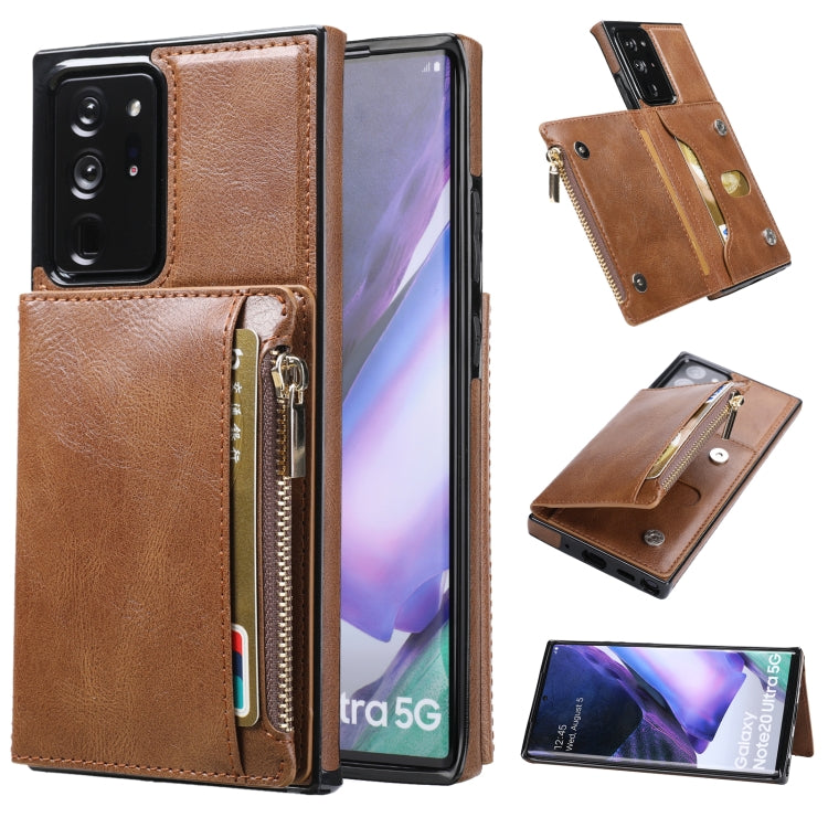 For Samsung Galaxy Note20 Ultra Zipper Wallet Bag PU Back Cover Shockrpoof Phone Case with Holder & Card Slots & Wallet