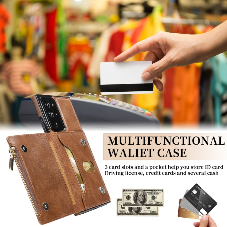 For Samsung Galaxy Note20 Ultra Zipper Wallet Bag PU Back Cover Shockrpoof Phone Case with Holder & Card Slots & Wallet