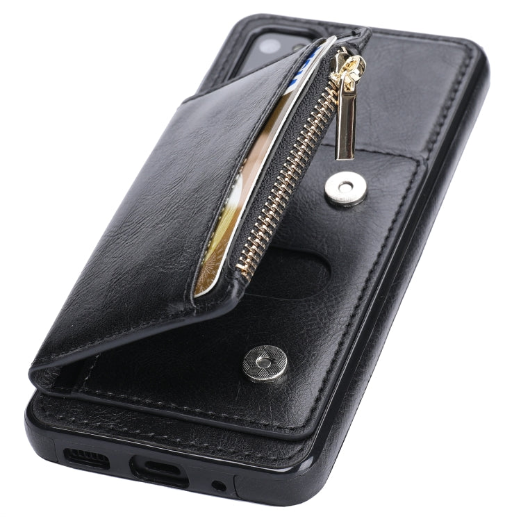 For Samsung Galaxy S20 Zipper Wallet Bag PU Back Cover Shockrpoof Phone Case with Holder & Card Slots & Wallet