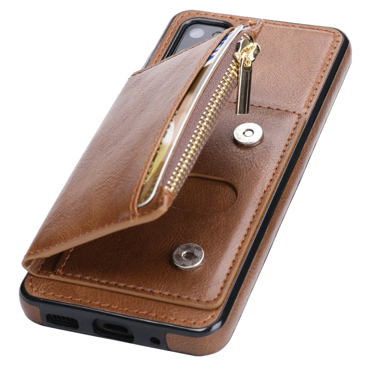 For Samsung Galaxy S20 Zipper Wallet Bag PU Back Cover Shockrpoof Phone Case with Holder & Card Slots & Wallet