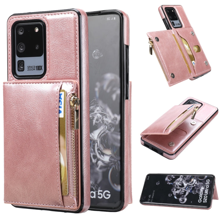 For Samsung Galaxy S20 Ultra Zipper Wallet Bag PU Back Cover Shockrpoof Phone Case with Holder & Card Slots & Wallet