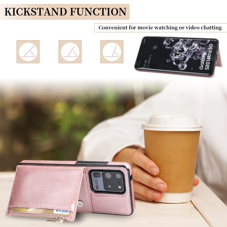 For Samsung Galaxy S20 Ultra Zipper Wallet Bag PU Back Cover Shockrpoof Phone Case with Holder & Card Slots & Wallet